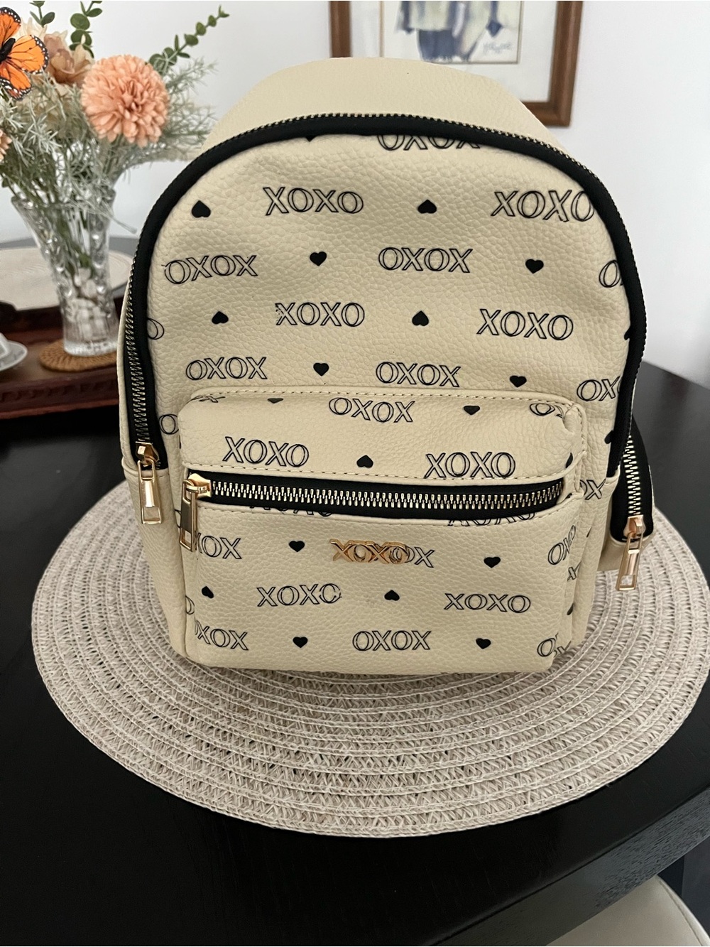 XOXO Cream Mini Backpack with Black Print and Gold Hardware